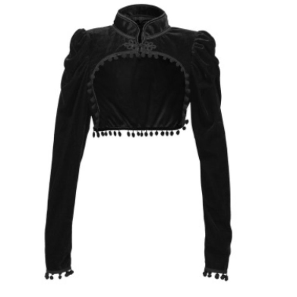 Black fringed stand-up collar top